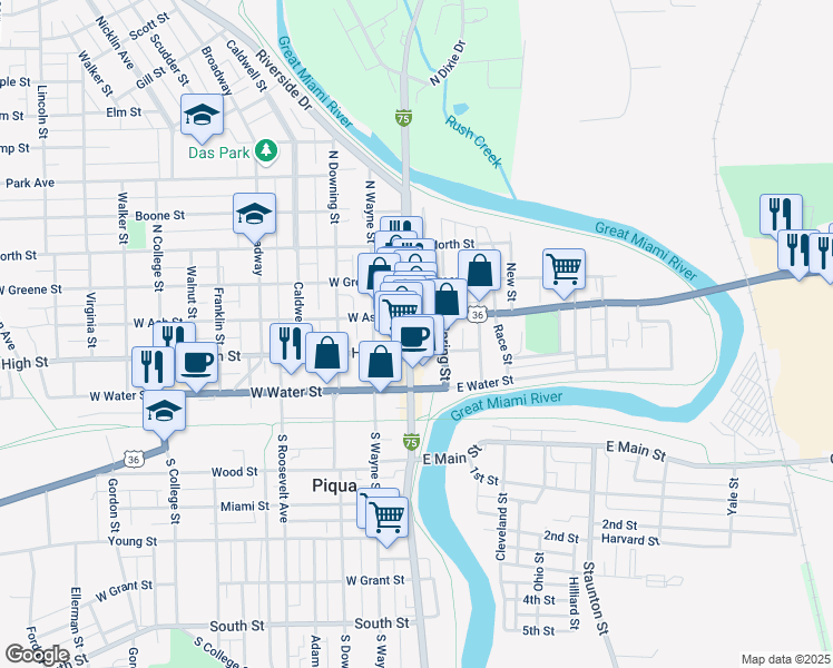 map of restaurants, bars, coffee shops, grocery stores, and more near 312 North Main Street in Piqua