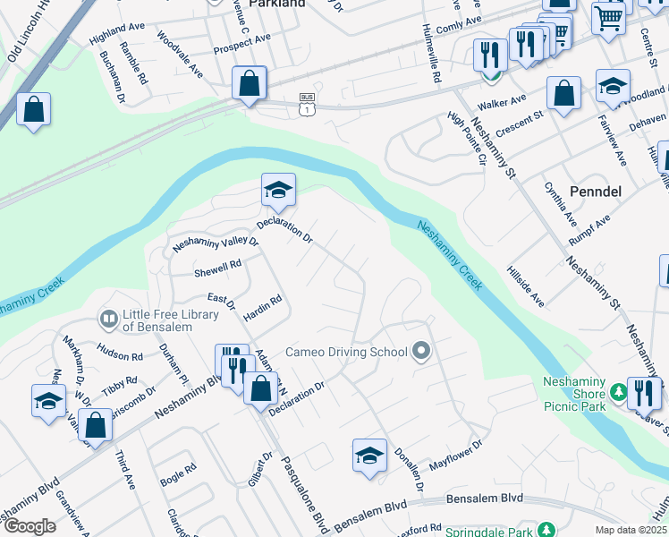map of restaurants, bars, coffee shops, grocery stores, and more near 3005 Douglas Turn in Bensalem
