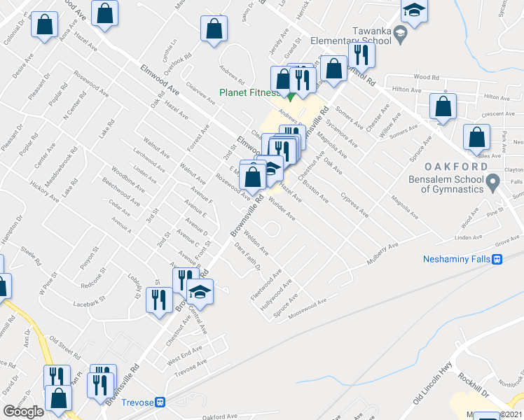 map of restaurants, bars, coffee shops, grocery stores, and more near 3855 Brownsville Road in Feasterville-Trevose