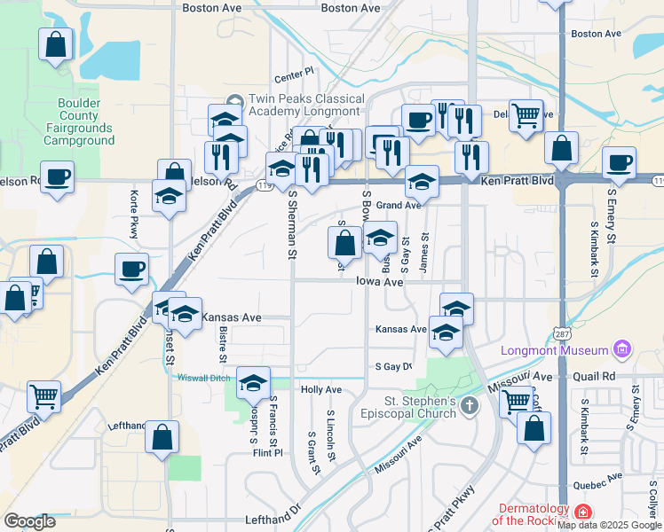 map of restaurants, bars, coffee shops, grocery stores, and more near 831 South Lincoln Street in Longmont