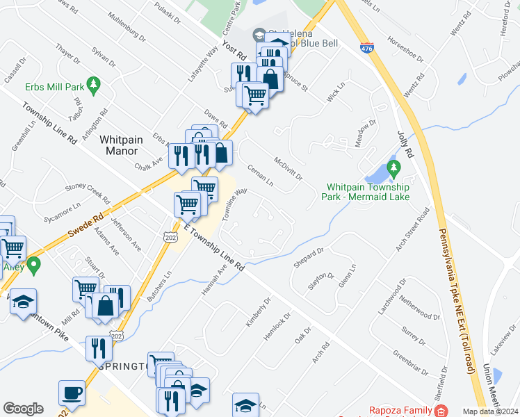 map of restaurants, bars, coffee shops, grocery stores, and more near 1702 Cherrie Circle in Blue Bell