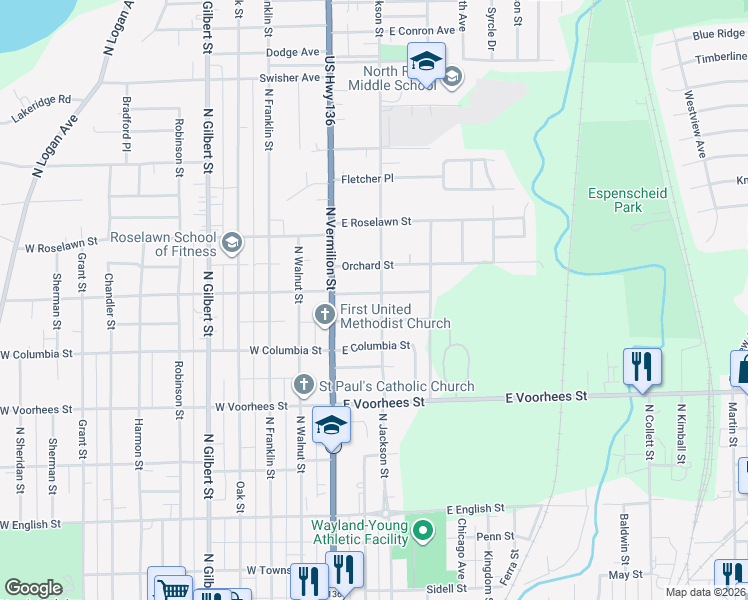 map of restaurants, bars, coffee shops, grocery stores, and more near 18 East Woodlawn Avenue in Danville