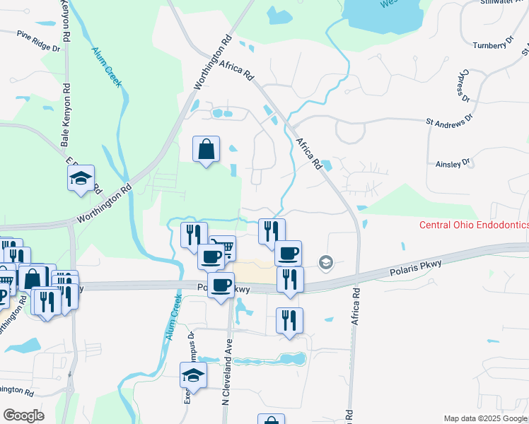 map of restaurants, bars, coffee shops, grocery stores, and more near 467 Westgreen Lane in Westerville