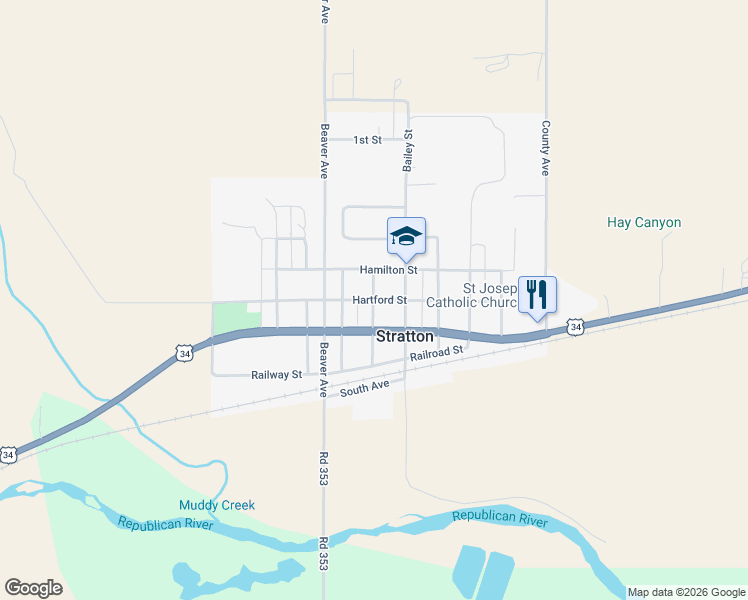 map of restaurants, bars, coffee shops, grocery stores, and more near Hartford Street in Stratton