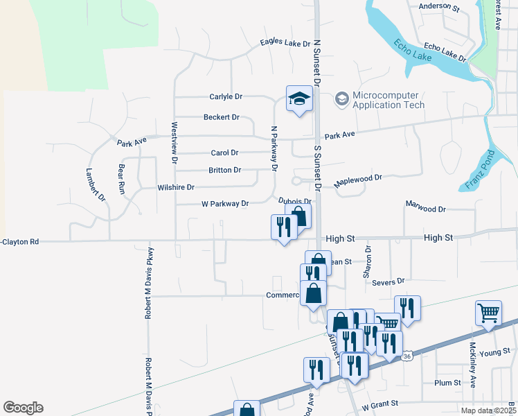 map of restaurants, bars, coffee shops, grocery stores, and more near 1805 West Parkway Drive in Piqua