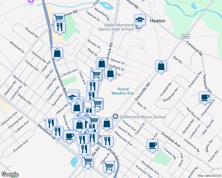 map of restaurants, bars, coffee shops, grocery stores, and more near 515 York Road in Willow Grove