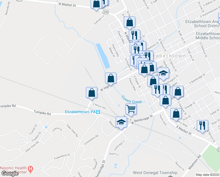 map of restaurants, bars, coffee shops, grocery stores, and more near 310 West High Street in Elizabethtown