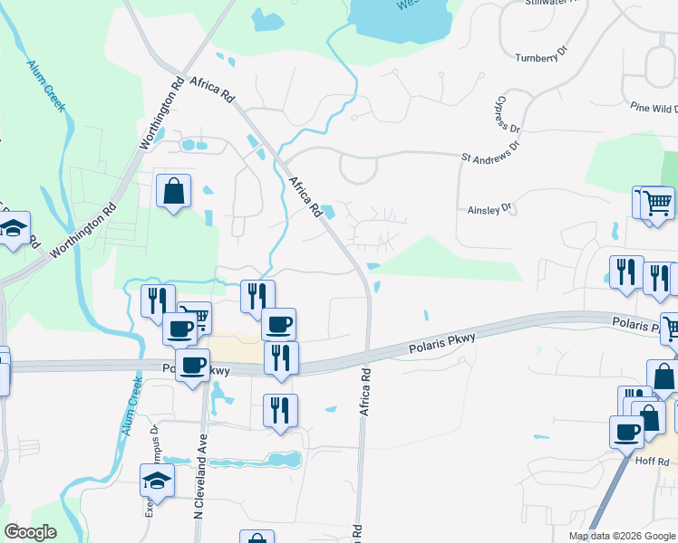 map of restaurants, bars, coffee shops, grocery stores, and more near 387 Westgreen Lane in Westerville