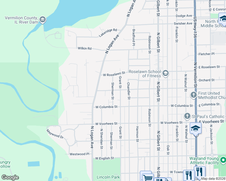map of restaurants, bars, coffee shops, grocery stores, and more near 1499 Sherman Street in Danville