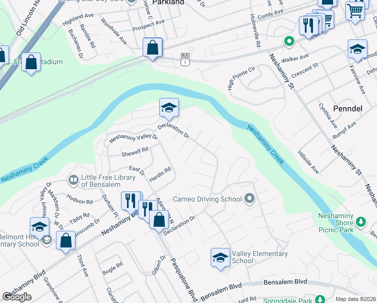 map of restaurants, bars, coffee shops, grocery stores, and more near 3012 Hallowell Court in Bensalem