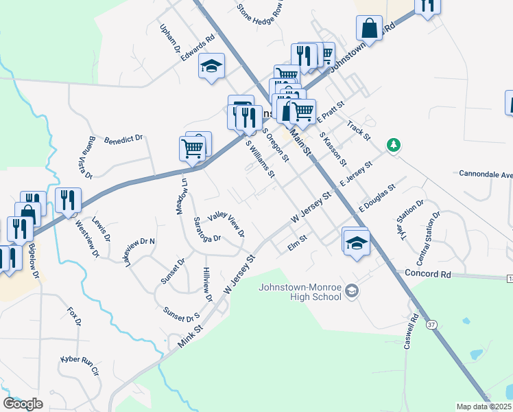 map of restaurants, bars, coffee shops, grocery stores, and more near 142 Briarwood Drive in Johnstown
