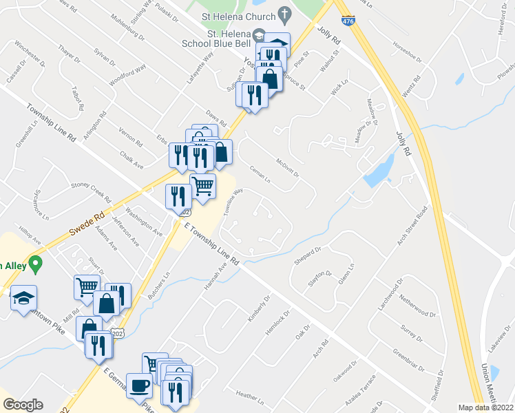 map of restaurants, bars, coffee shops, grocery stores, and more near 1805 Cherrie Cir in Blue Bell