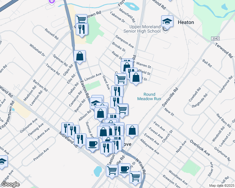 map of restaurants, bars, coffee shops, grocery stores, and more near 424 York Road in Willow Grove