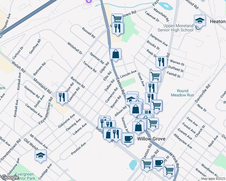 map of restaurants, bars, coffee shops, grocery stores, and more near 310 Cameron Road in Willow Grove