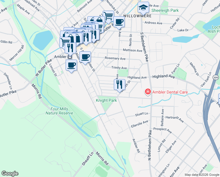 map of restaurants, bars, coffee shops, grocery stores, and more near 245 East Park Avenue in Ambler
