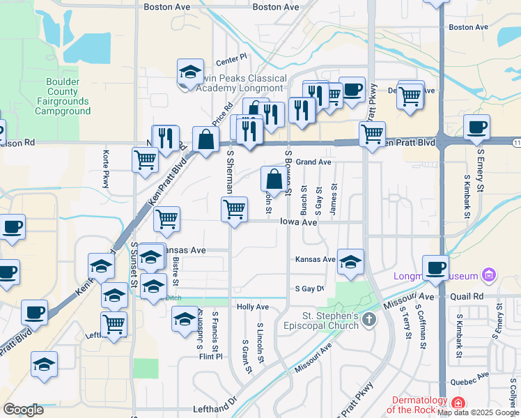 map of restaurants, bars, coffee shops, grocery stores, and more near 831 South Lincoln Street in Longmont