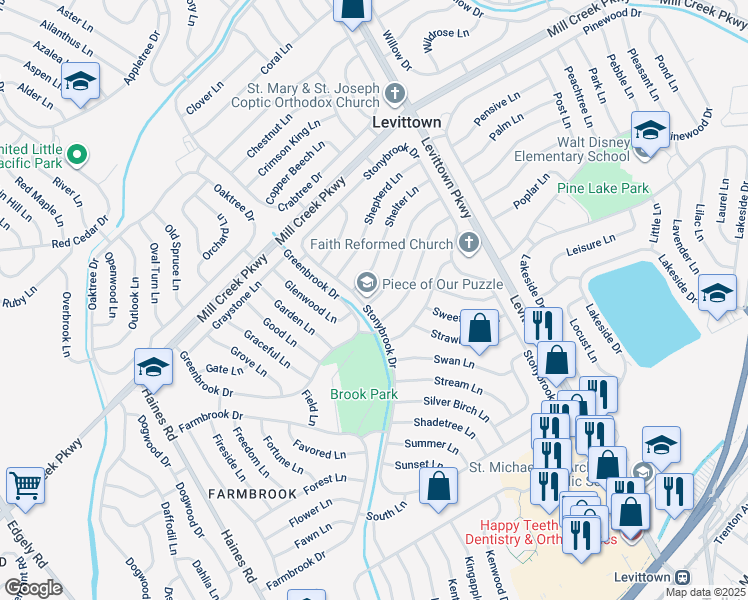 map of restaurants, bars, coffee shops, grocery stores, and more near 6 Sugarmaple Lane in Levittown