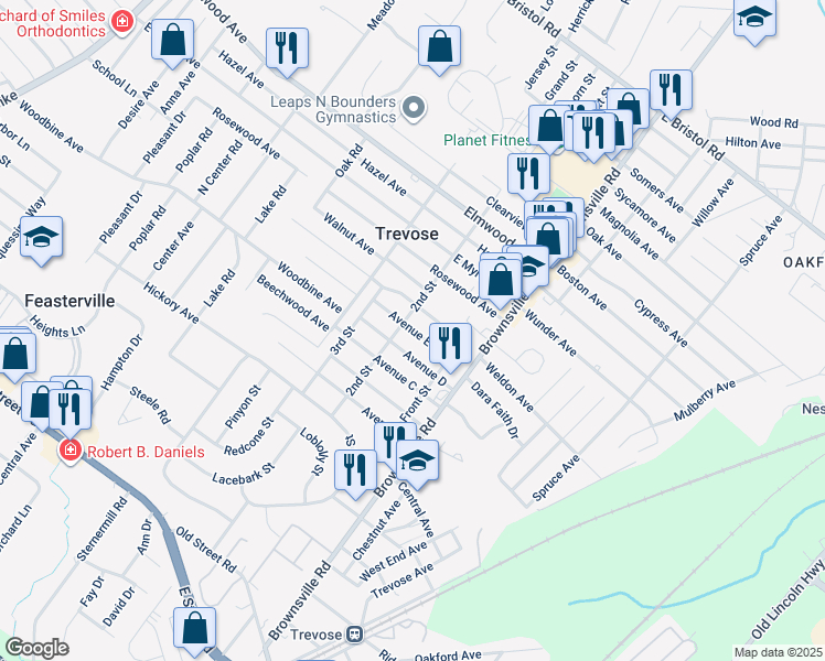 map of restaurants, bars, coffee shops, grocery stores, and more near Avenue East in Trevose