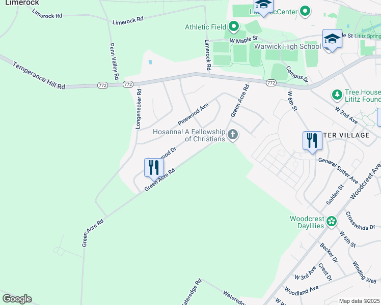 map of restaurants, bars, coffee shops, grocery stores, and more near 48 Green Acre Road in Lititz