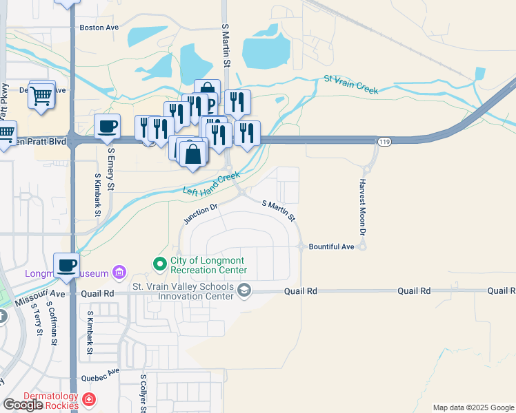 map of restaurants, bars, coffee shops, grocery stores, and more near 100 Western Sky Circle in Longmont
