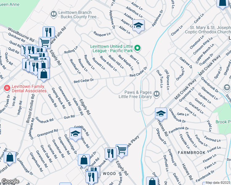 map of restaurants, bars, coffee shops, grocery stores, and more near 39 Ruby Lane in Levittown