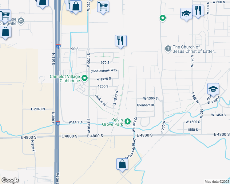 map of restaurants, bars, coffee shops, grocery stores, and more near 1264 Camlan Lane in Springville