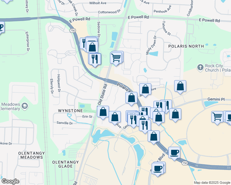 map of restaurants, bars, coffee shops, grocery stores, and more near 837 Polaris Parkway in Columbus