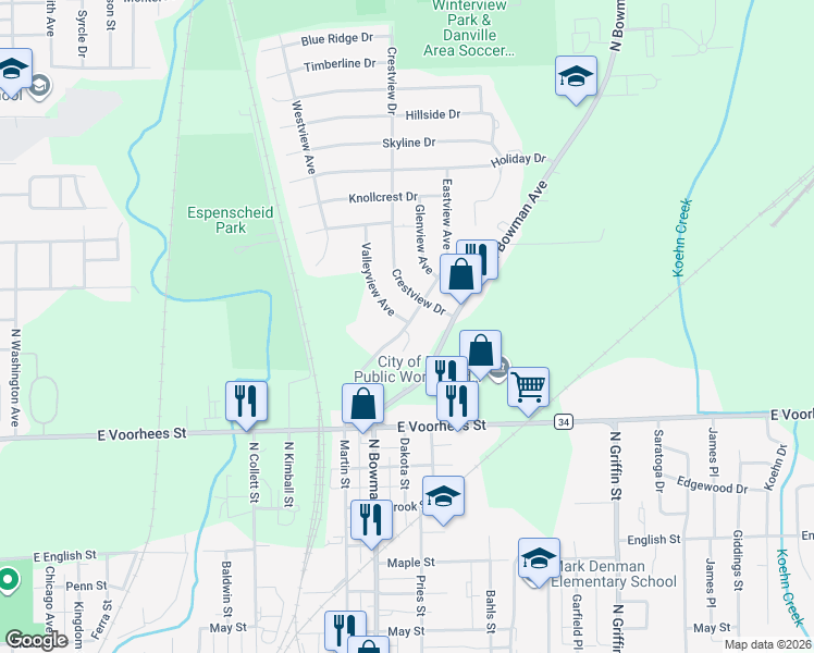 map of restaurants, bars, coffee shops, grocery stores, and more near 1500 Valleyview Avenue in Danville