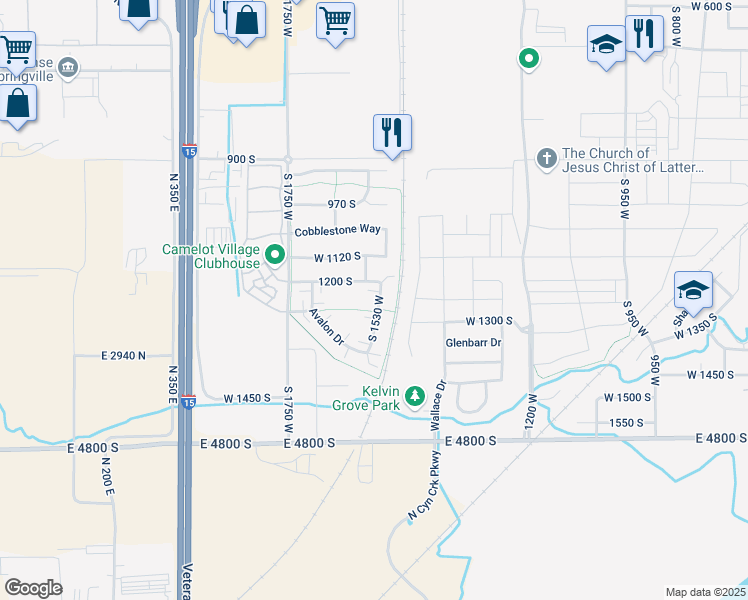 map of restaurants, bars, coffee shops, grocery stores, and more near 1264 Camlan Lane in Springville