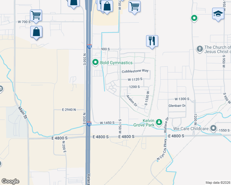 map of restaurants, bars, coffee shops, grocery stores, and more near 305 West 1300 South in Springville