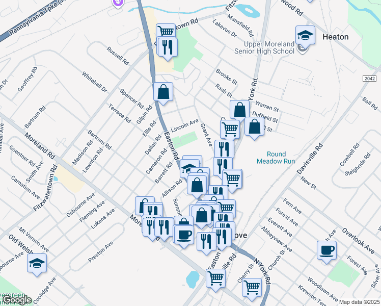 map of restaurants, bars, coffee shops, grocery stores, and more near 409 Pennsylvania 611 in Willow Grove
