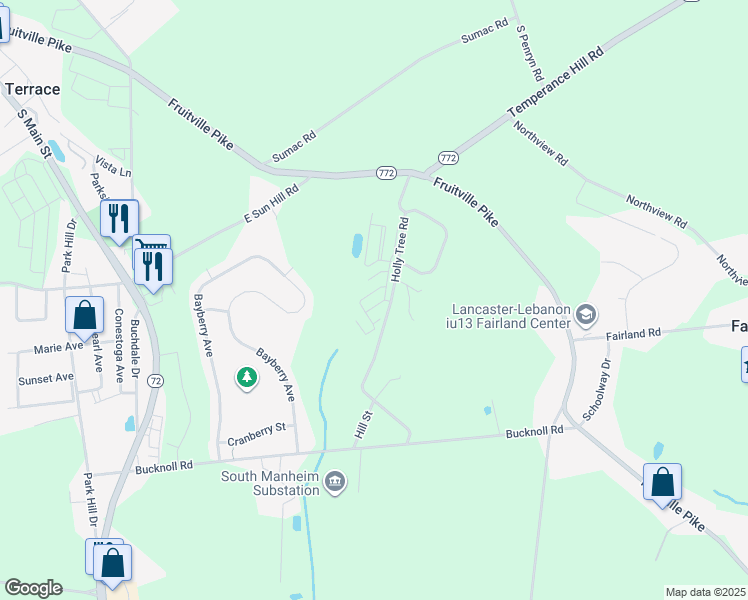 map of restaurants, bars, coffee shops, grocery stores, and more near 815 Holly Tree Road in Manheim