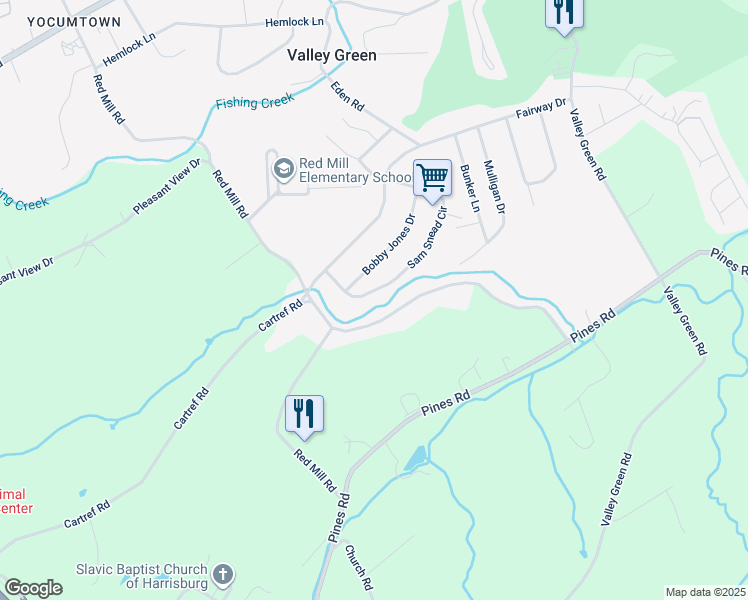 map of restaurants, bars, coffee shops, grocery stores, and more near 210 Sam Snead Circle in Valley Green