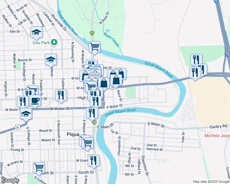 map of restaurants, bars, coffee shops, grocery stores, and more near 214 East High Street in Piqua