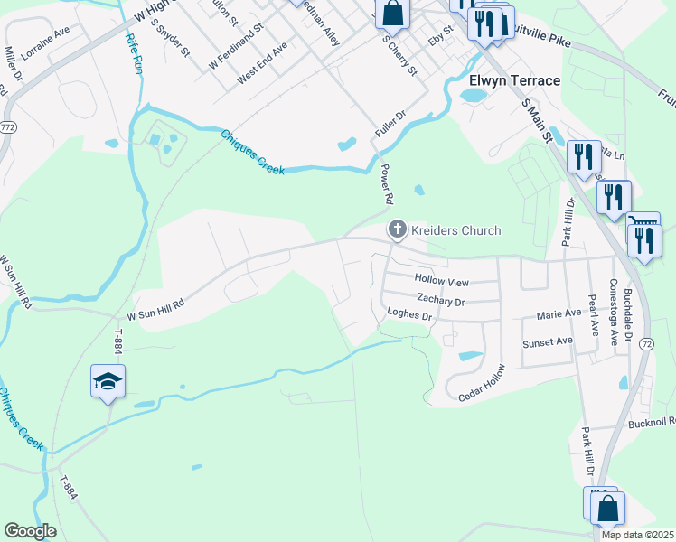 map of restaurants, bars, coffee shops, grocery stores, and more near 742 Power Road in Manheim