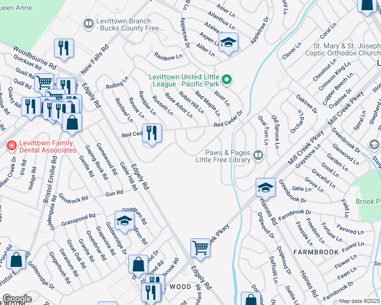 map of restaurants, bars, coffee shops, grocery stores, and more near 39 Ruby Lane in Levittown