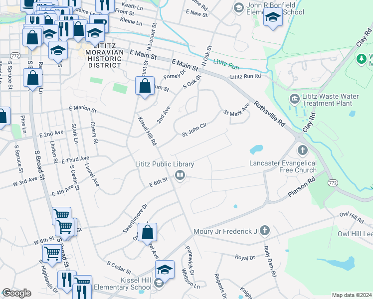 map of restaurants, bars, coffee shops, grocery stores, and more near Pin Oak Drive in Lititz