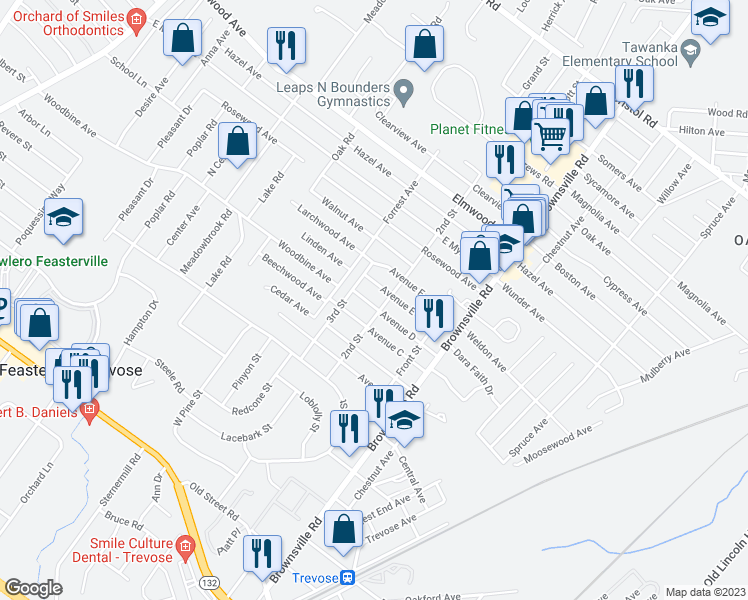 map of restaurants, bars, coffee shops, grocery stores, and more near 528 Avenue D in Feasterville-Trevose