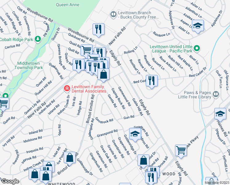 map of restaurants, bars, coffee shops, grocery stores, and more near 66 Gaping Rock Rd in Levittown