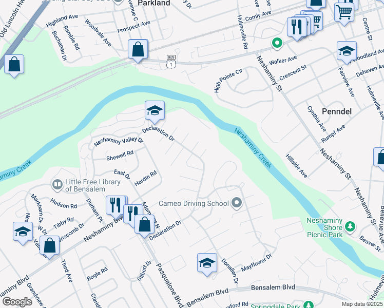map of restaurants, bars, coffee shops, grocery stores, and more near 3008 Douglas Turn in Bensalem