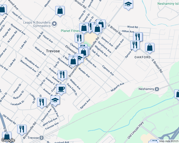 map of restaurants, bars, coffee shops, grocery stores, and more near 4860 Hazel Avenue in Feasterville-Trevose