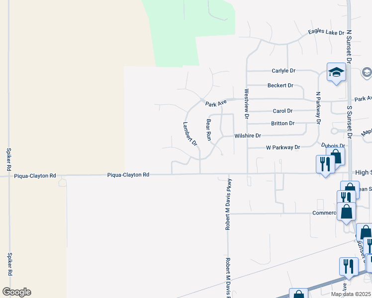 map of restaurants, bars, coffee shops, grocery stores, and more near 2212 Wilshire Drive in Piqua