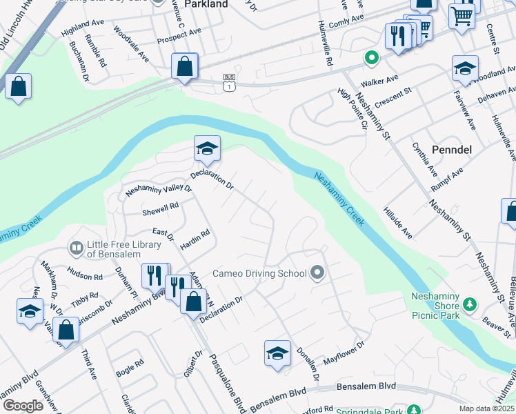 map of restaurants, bars, coffee shops, grocery stores, and more near 3005 Douglas Turn in Bensalem