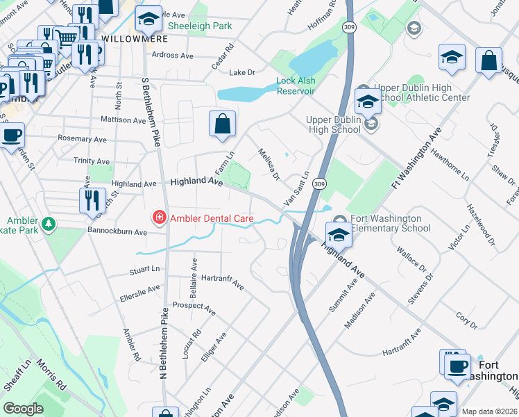 map of restaurants, bars, coffee shops, grocery stores, and more near 2200 Ash Grove Road in Ambler