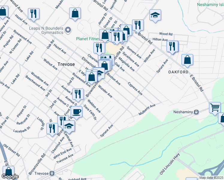 map of restaurants, bars, coffee shops, grocery stores, and more near 4860 Hazel Avenue in Feasterville-Trevose