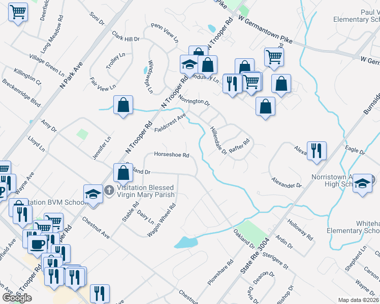 map of restaurants, bars, coffee shops, grocery stores, and more near 246 Horseshoe Road in Norristown