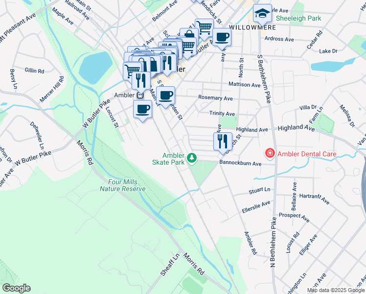 map of restaurants, bars, coffee shops, grocery stores, and more near 247 South Main Street in Ambler