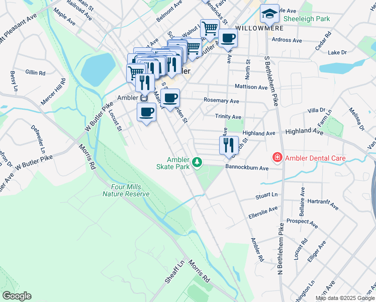 map of restaurants, bars, coffee shops, grocery stores, and more near 247 South Main Street in Ambler