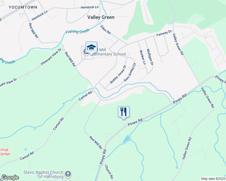 map of restaurants, bars, coffee shops, grocery stores, and more near 210 Sam Snead Circle in Valley Green