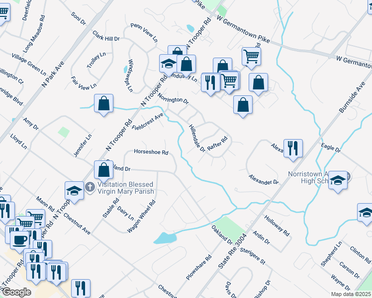 map of restaurants, bars, coffee shops, grocery stores, and more near 1605 Countryside Lane in Norristown